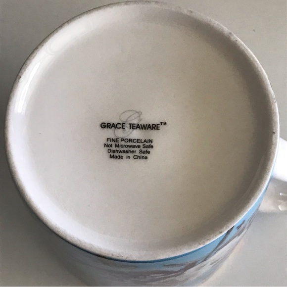 Set Of 2 GRACE TEAWARE White Peony W/Turquoise Background Small Coffee Mugs NWOT - Picture 12 of 15